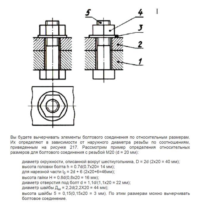 Выполните эскиз болтового соединения руководствуясь примером на рисунке 217 г диаметр